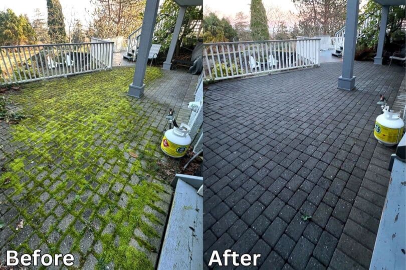 Before and after pressure washing results showing dramatic improvement in building facade cleaning